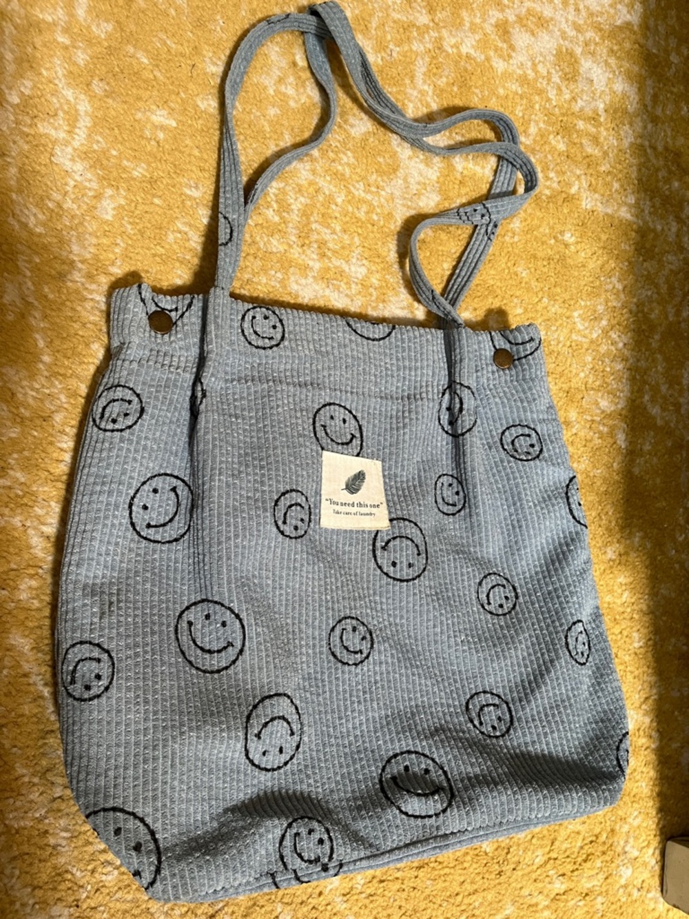 Smiley Corduroy Tote Bag -Blue Casual Everyday Tote 3 snap-closure Pockets